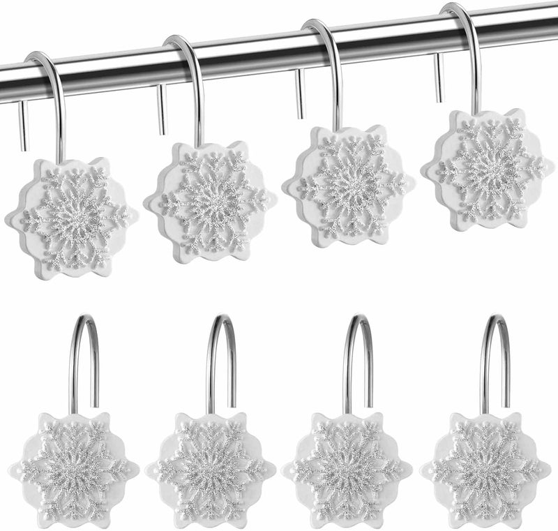 VinTS 12PCS White Sliver Snowflake Shower Curtain Hooks,Christmas Shower Curtain Hooks,Snowflake Winter Decoration for Christmas Bathroom Living Room - Image 1